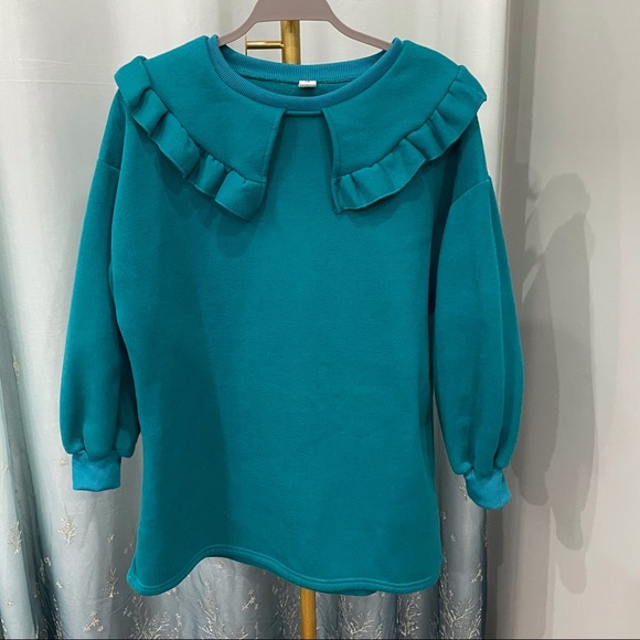 Korean style Turquoise ruffle sweater - Picture 4 of 5